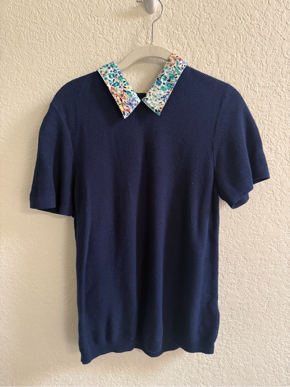 J. Crew Navy Knit Top with Multicolor Floral Collar